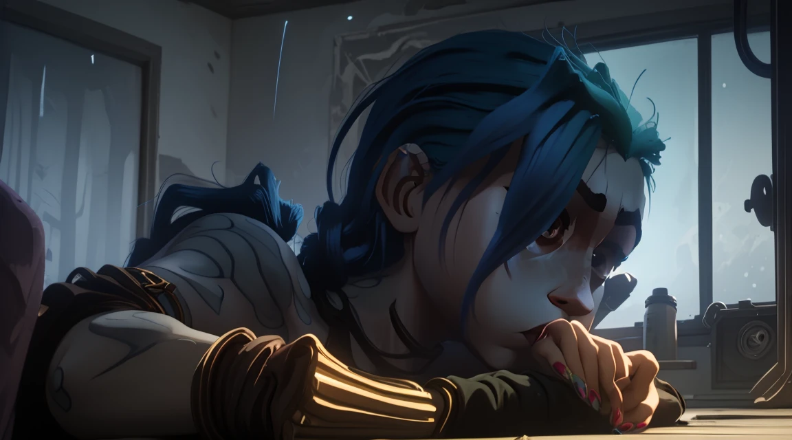 arcane, jinx, jinx outfit, sleeping inside a van at night, night lighting, cimenatic, rain on windows