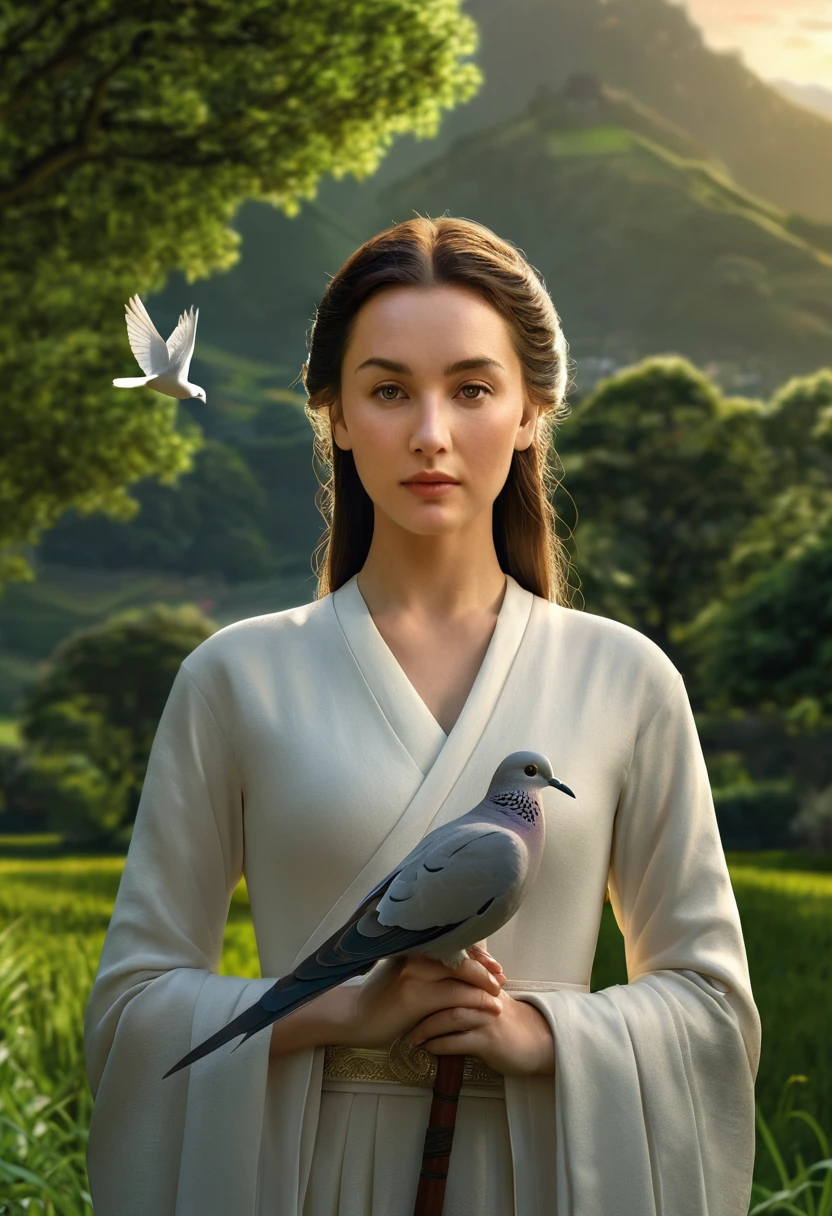 a woman holding a sword in her hand, a dove sitting on her hand, lush green landscape, highly symmetrical, (best quality,4k,8k,highres,masterpiece:1.2),ultra-detailed,(realistic,photorealistic,photo-realistic:1.37),detailed face and eyes, elegant pose, peaceful expression, dramatic lighting, serene atmosphere, natural setting, cinematic composition