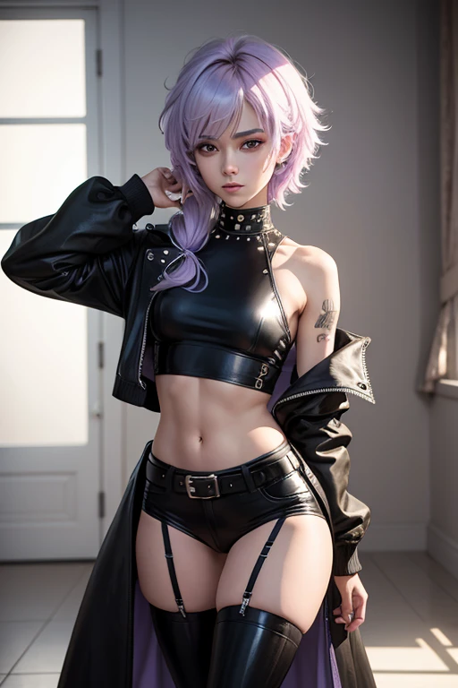 arafed non - binary model male, androgynous, androgynous femboy, beautiful androgynous femboy, androgyny, androgynous person, delicate androgynous prince, non binary model, beautiful androgynous prince, zac retz, lil peep, zero g pretty anime male with lilac hair and grey eyes, wolfcut hair, fluffy hair with bangs over eyes, deep navel, wearing black designer coat with studs, crop top and black pants with belt, fashionable, uzzlang male, techwear, womb tattoo
