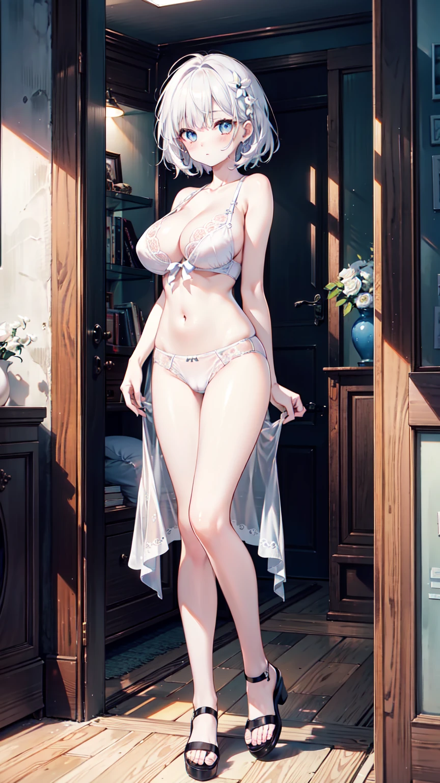 woman，Standing pose with full body，Exaggerated Action，White underwear，White tong，White short hair，Pale skin、Pale skin、 detailed脸，Fewer decorations，Multiple expressions，Very detailed，White transparent underwear，White transparent underwear，Perfect body，Big boobs、prettyeyes，Random Hairstyle，较Big boobs，Full view，Color All，Eye detail enhancement，Volume View，White sandals， Uniformity，Meiji、End of breast，Meiji、End of breast，End of breast，terminal、beautiful女人，Natural conditions，Perfect hands、Maximum resolution、quality、Maximum resolution、quality、（masterpiece）、The face is particularly detailed、The original person、完美而beautiful照明、Best colorful、beautiful、detailed、Ultra-high resolution、Lots of natural light and optimal color tones、In-depth characterization（quality、Extremely fine details：1.4）