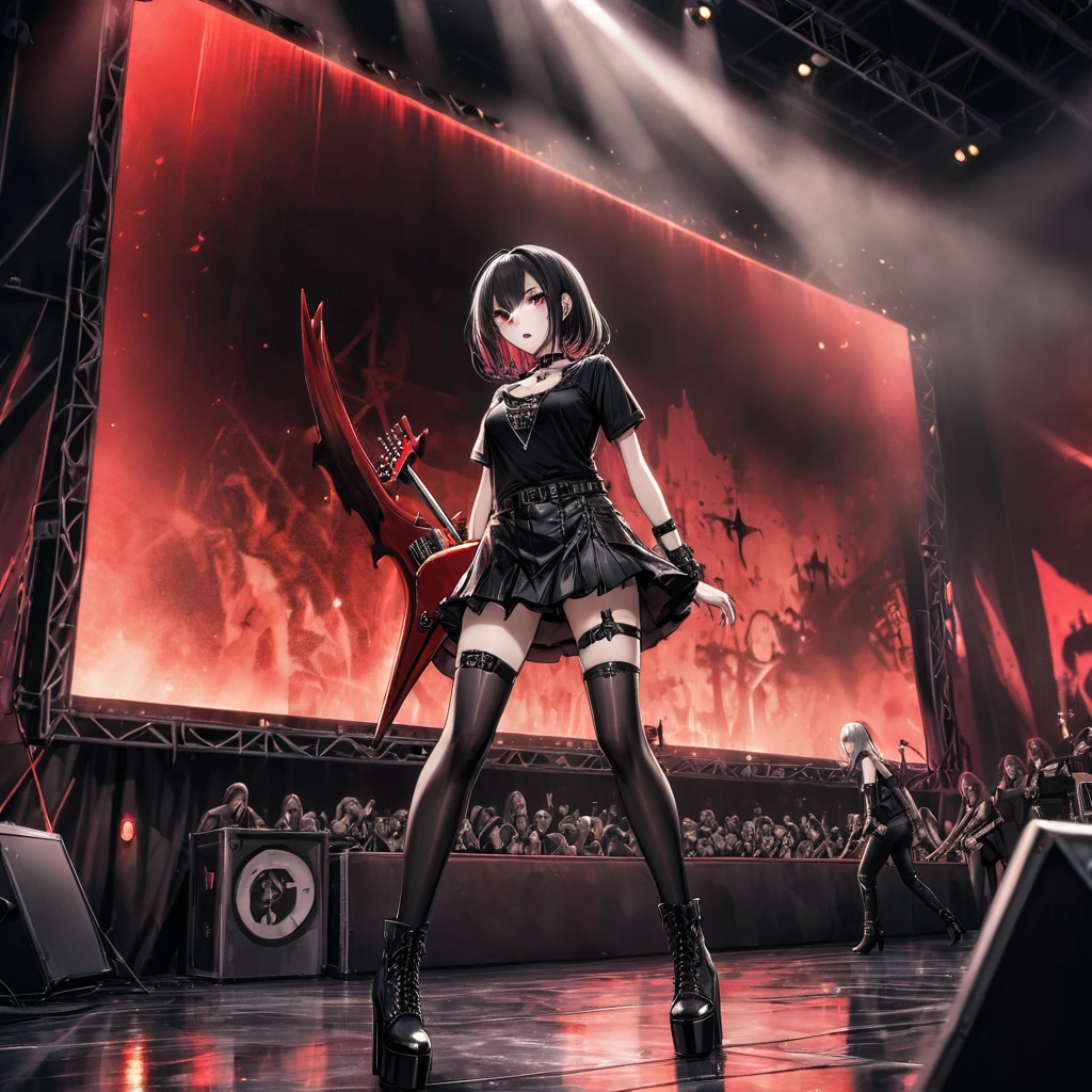 Mavis Dracula, furious, enthusiastic, performing, very sexy, black latex t-shirt, black plated mini skirt, black lace-up boots and stiletto heels, black choker and wristbands, gothic punk style, playing a customized red guitar, in a stage with large screen in the background showing the show, heavy metal trend, cinematic, dramatic, dynamic view, full body, CG anime style, HD12K,