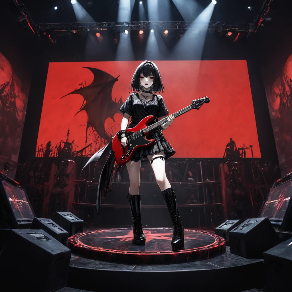 Mavis Dracula, furious, enthusiastic, performing, very sexy, black latex t-shirt, black plated mini skirt, black lace-up boots and stiletto heels, black choker and wristbands, gothic punk style, playing a customized red guitar, in a stage with large screen in the background showing the show, heavy metal trend, cinematic, dramatic, dynamic view, full body, CG anime style, HD12K,