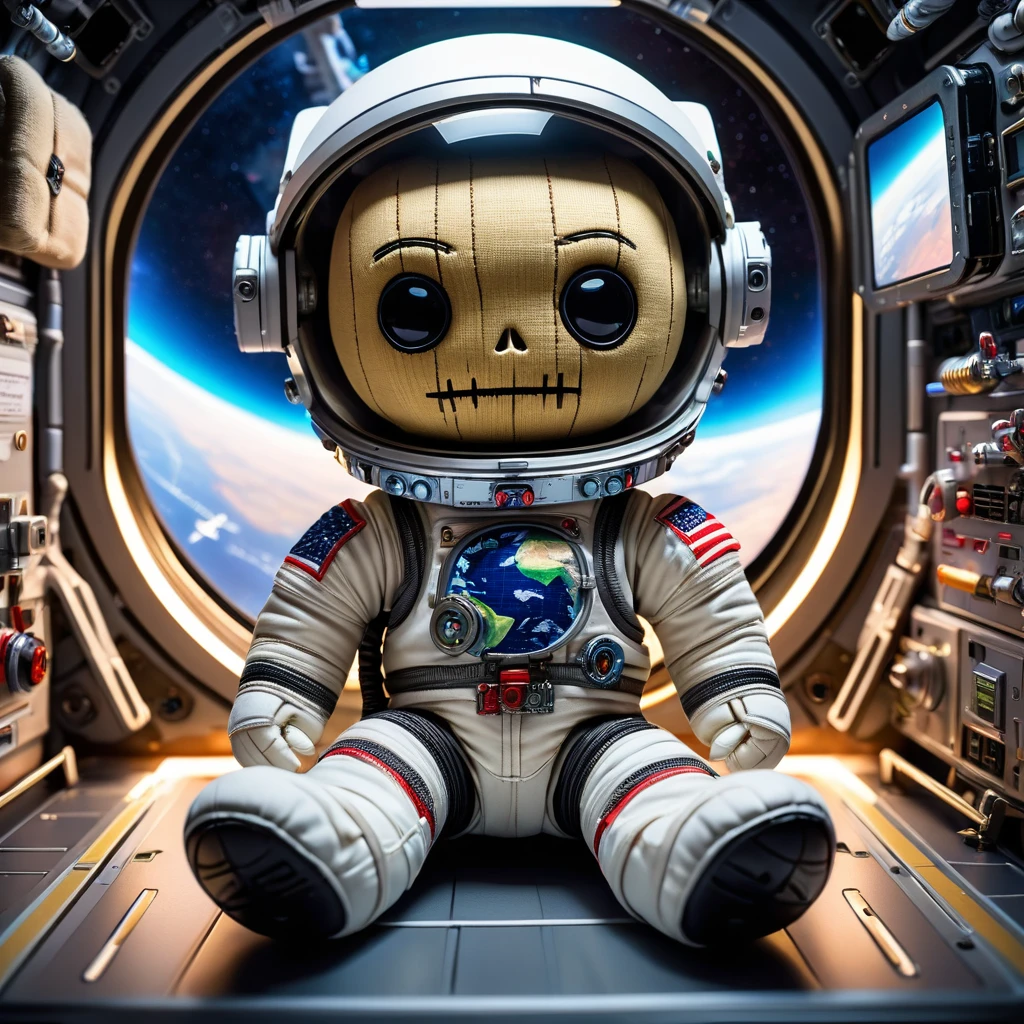 (knitted toy voodoo doll:1.2), (Voodoo on the Space Station:1.2), (Clothing: Space suit, helmet with open visor:1.1), (in the background the interior of the space station, a window with a view of the Earth:1.3), best quality, masterpiece, detailed soft oil painting, detailed background, dramatic cinematic lighting, soft edge lighting, professional, dramatic lighting, hard edge lighting, ultra quality, 4k, masterpiece, best quality, 8k, ultra high definition, high resolution, extremely detailed