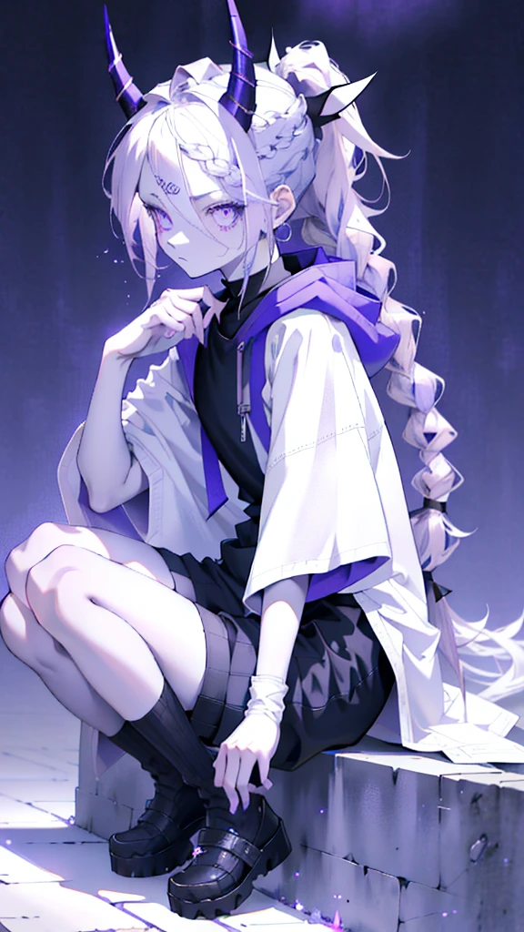 boy thoughtful look open forehead. white and purple hair braided in a ponytail on the left side to one side. sinuous black horns wrapped in dark purple ribbon. pale violet eyes. in short dark purple shorts. long white T-shirt. dark purple knee-high socks. white long coat with hood. black limit stone walls purple light from lamps sitting on the steps