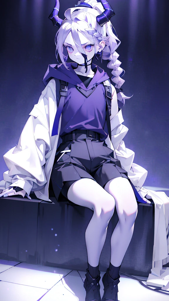 boy thoughtful look open forehead. white and purple hair braided in a ponytail on the left side to one side. sinuous black horns wrapped in dark purple ribbon. pale violet eyes. in short dark purple shorts. long white T-shirt. dark purple knee-high socks. white long coat with hood. black limit stone walls purple light from lamps sitting on the steps
