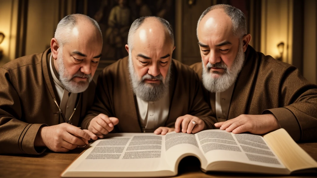 a detailed scene of people reading and studying a guide written by Padre Pio on how to prepare for the three days of darkness, highly detailed eyes and faces, beautiful lighting, warm color tones, intricate textures,photorealistic, masterpiece, ultra-detailed,HDR,physically-based rendering,professional,vivid colors
