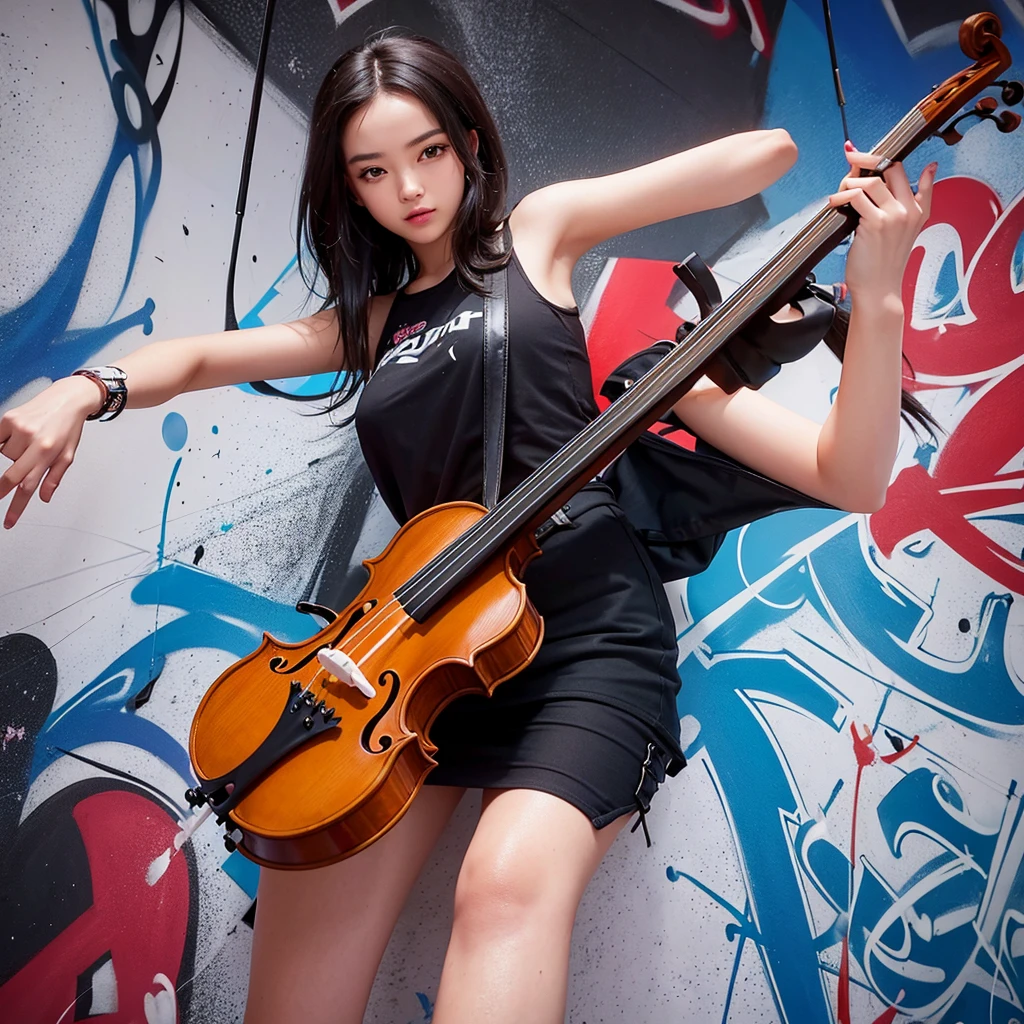 A girl with a swag style playing the violin inside a building with graffiti-covered walls. On the wall behind her, there's a large, vibrant graffiti that says 'Feel it,' adding an urban and cool vibe to the scene.
