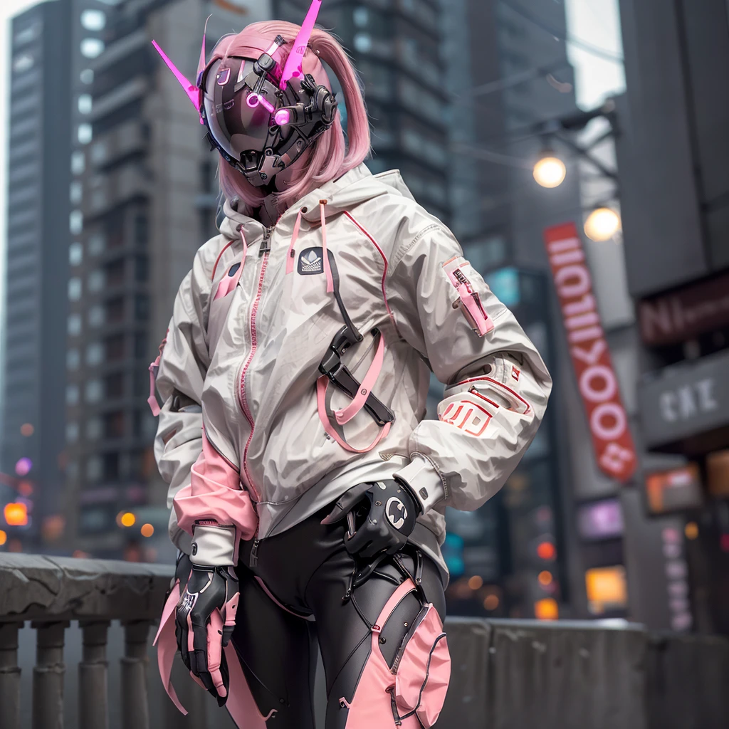 1girll, helmet, Hood, Solo, White_Spacesuit, Extra-long_Hair, bangs, Jacket, The upper part of the body_Body, Pink_Hair, Blurry, Coat, Grey_Eyes, Mask, Blurry_Background, Backpack, zippers, Mouth_Mask, Covered_Mouth, Urban tech clothing, Outfit，lowerbody，Fair long legs，Unequal cyber leggings，with light glowing，zippers，Mechanical booties，Full body shot from head to hips。