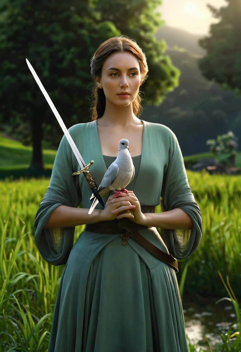 a woman holding a sword in her hand, a dove sitting on her hand, lush green landscape, highly symmetrical, (best quality,4k,8k,highres,masterpiece:1.2),ultra-detailed,(realistic,photorealistic,photo-realistic:1.37),detailed face and eyes, elegant pose, peaceful expression, dramatic lighting, serene atmosphere, natural setting, cinematic composition