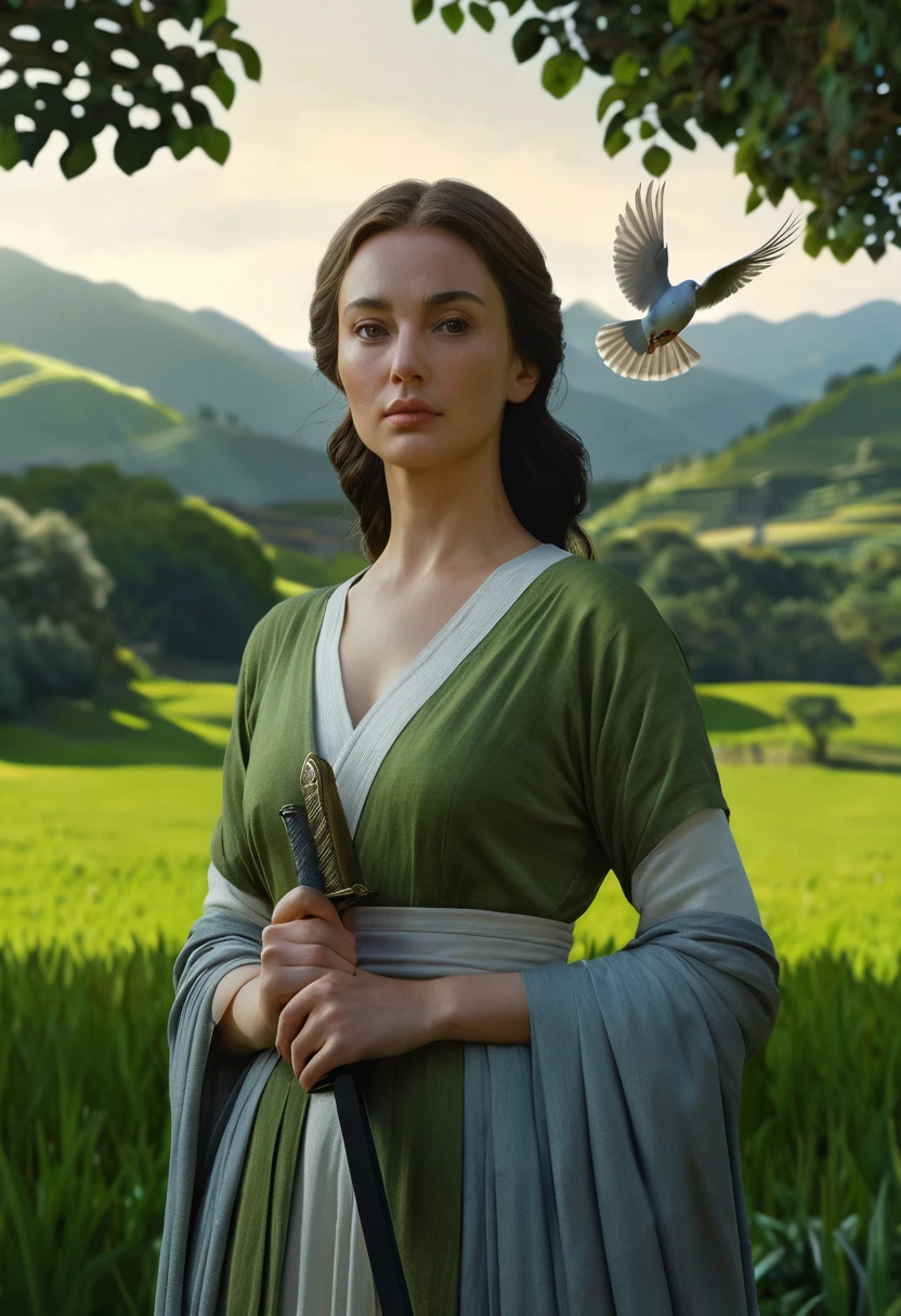 a woman holding a sword in her hand, a dove sitting on her hand, lush green landscape, highly symmetrical, (best quality,4k,8k,highres,masterpiece:1.2),ultra-detailed,(realistic,photorealistic,photo-realistic:1.37),detailed face and eyes, elegant pose, peaceful expression, dramatic lighting, serene atmosphere, natural setting, cinematic composition