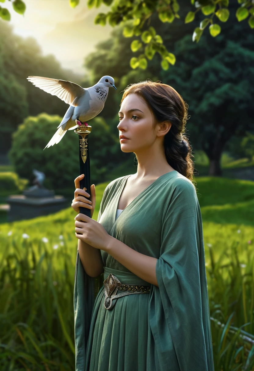 a woman holding a sword in her hand, a dove sitting on her hand, lush green landscape, highly symmetrical, (best quality,4k,8k,highres,masterpiece:1.2),ultra-detailed,(realistic,photorealistic,photo-realistic:1.37),detailed face and eyes, elegant pose, peaceful expression, dramatic lighting, serene atmosphere, natural setting, cinematic composition