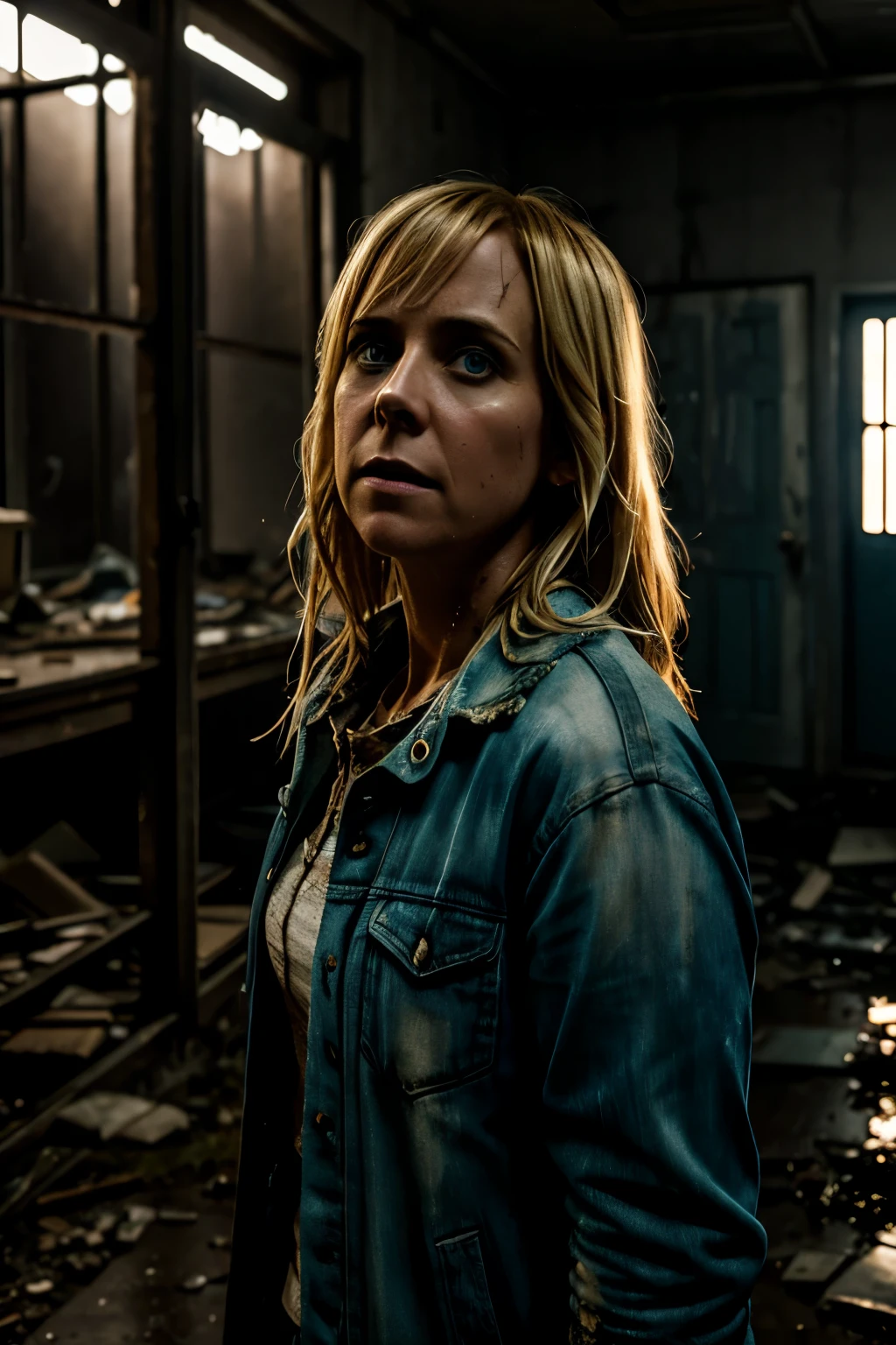 Blonde terrified Kristen Wiig in torn up ruined clothes in creepy blue lighting Night in abandoned lab, muddy ground, nighttime, clear white skin, wet and muddy, scratches everywhere, face dirty photography, natural light, photorealism, cinematic rendering, ray tracing, the highest quality, the highest detail, Cinematic, Third-Person View, Blur Effect, Long Exposure, 8K, Ultra-HD, Natural Lighting, Moody Lighting, Cinematic Lighting Hide