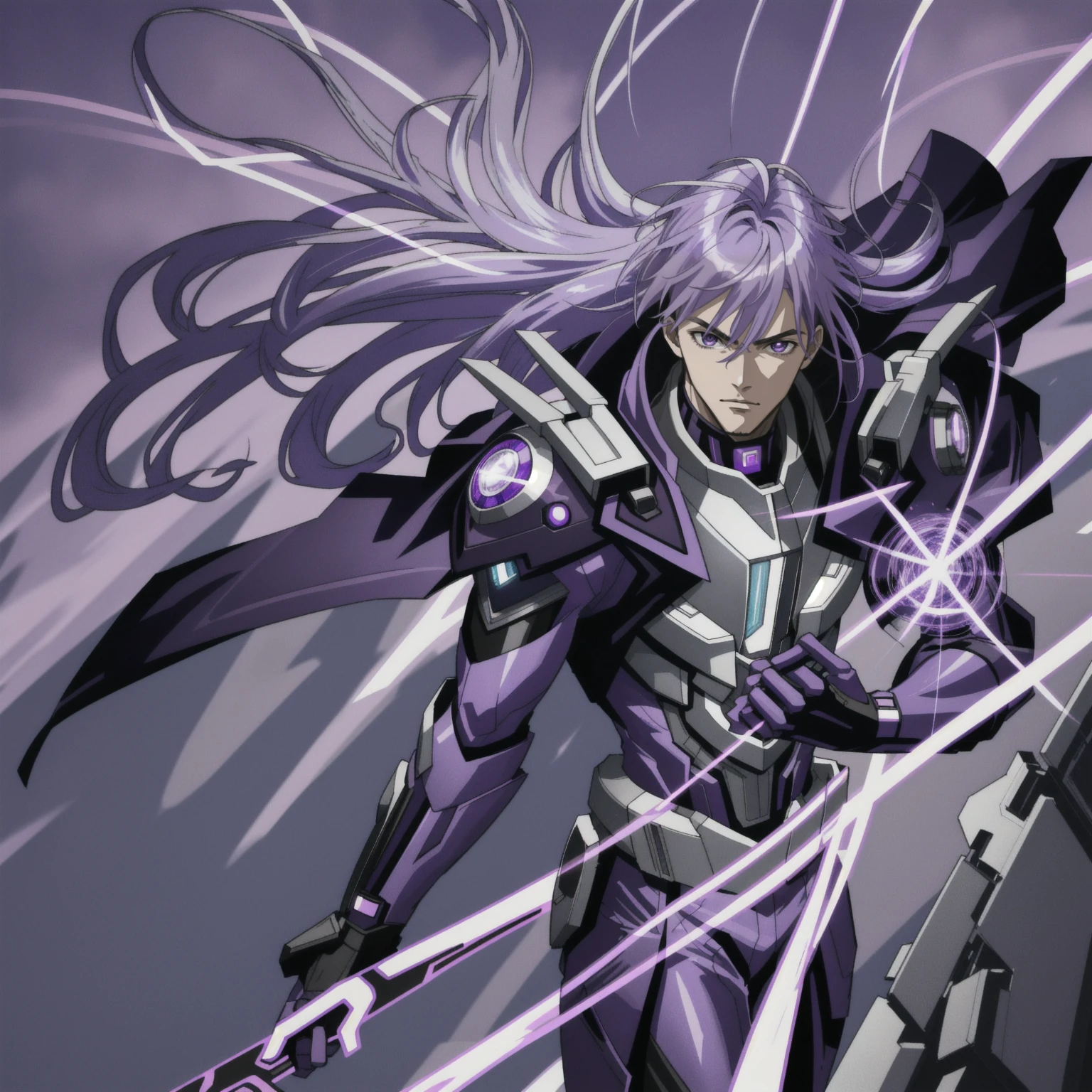 8k anime, ultra-high quality, perfectres, super hero, 25 year old boy, purple and black lightning suit, purple lightning powers, messy silver hair, purple eyes, light skintone, mature, mature facial features, dark city background, purple lightning sword, comic artstyle