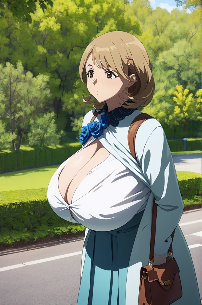 Un mujer con los pechos descubiertos en medio de un parque lleno de gente, one girl no more,anime, realistic anime,huge breast, swollen breast, exaggerated breast, more huge breast,