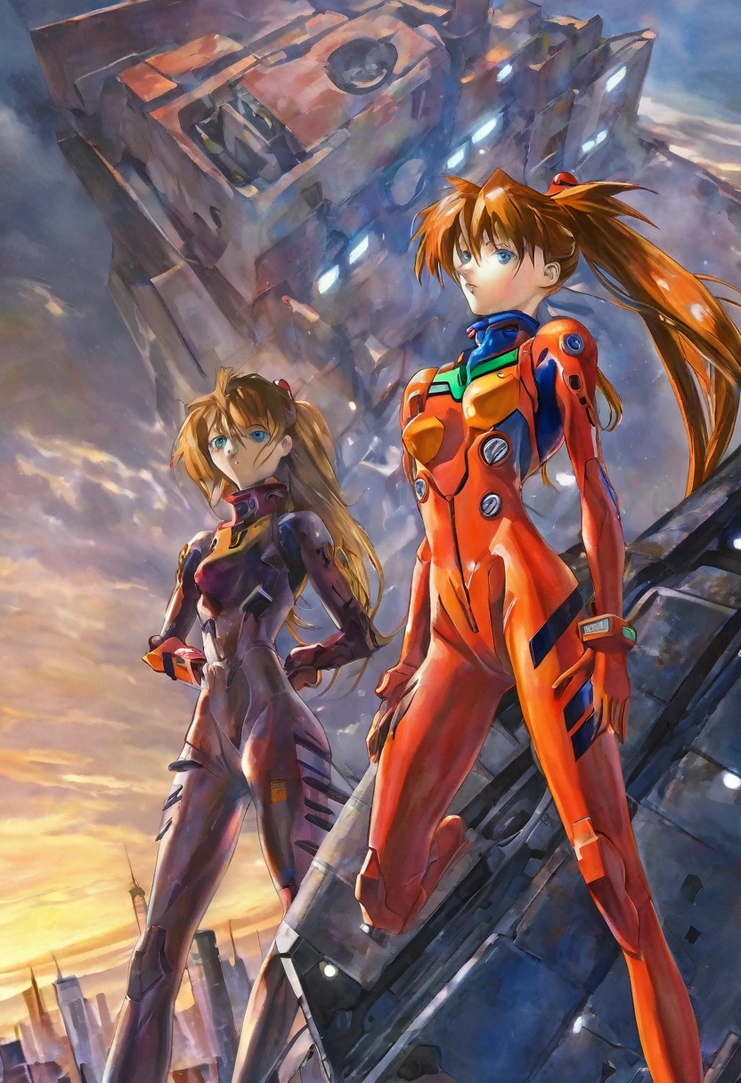 A beautifully detailed portrait of Asuka from Evangelion with her hair tied back, Wearing the iconic pilot suit, Standing next to Eva (Mecha) In a war-torn city, Cinema Lighting, Very detailed, intricate Mechanical design, Dramatic atmosphere, Vibrant colors, Vibrant, Realistic, Concept Art Style