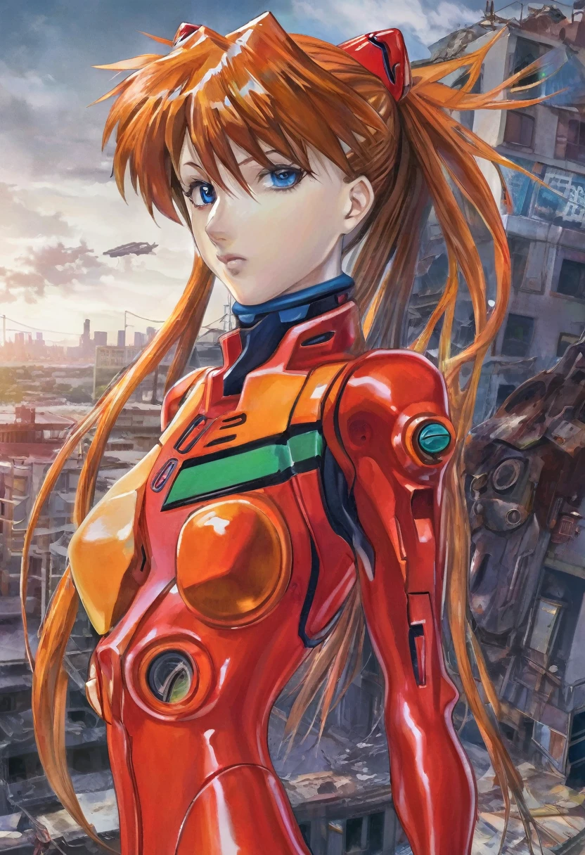 A beautifully detailed portrait of Asuka from Evangelion with her hair tied back, Wearing the iconic pilot suit, Standing next to Eva (Mecha) In a war-torn city, Cinema Lighting, Very detailed, intricate Mechanical design, Dramatic atmosphere, Vibrant colors, Vibrant, Realistic, Concept Art Style