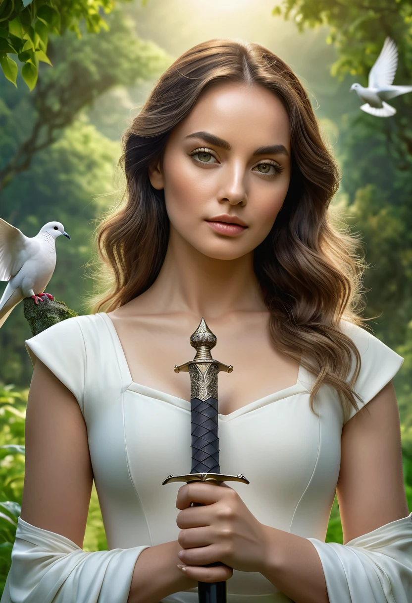 a woman holding a sword in her hand, a dove sitting on her hand, lush green landscape, highly symmetrical, (best quality,4k,8k,highres,masterpiece:1.2),ultra-detailed,(realistic,photorealistic,photo-realistic:1.37),detailed face and eyes, elegant pose, peaceful expression, dramatic lighting, serene atmosphere, natural setting, cinematic composition