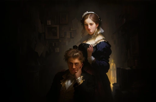 painting of a man and a woman in a dark room, monet and da vinchi art style, inspired by Mead Schaeffer, baroque digital painting, done in the style of caravaggio, inspired by Honoré Daumier, inspired by Cristache Gheorghiu, caravaggesque style, rembrandt style, inspired by Arnold Franz Brasz