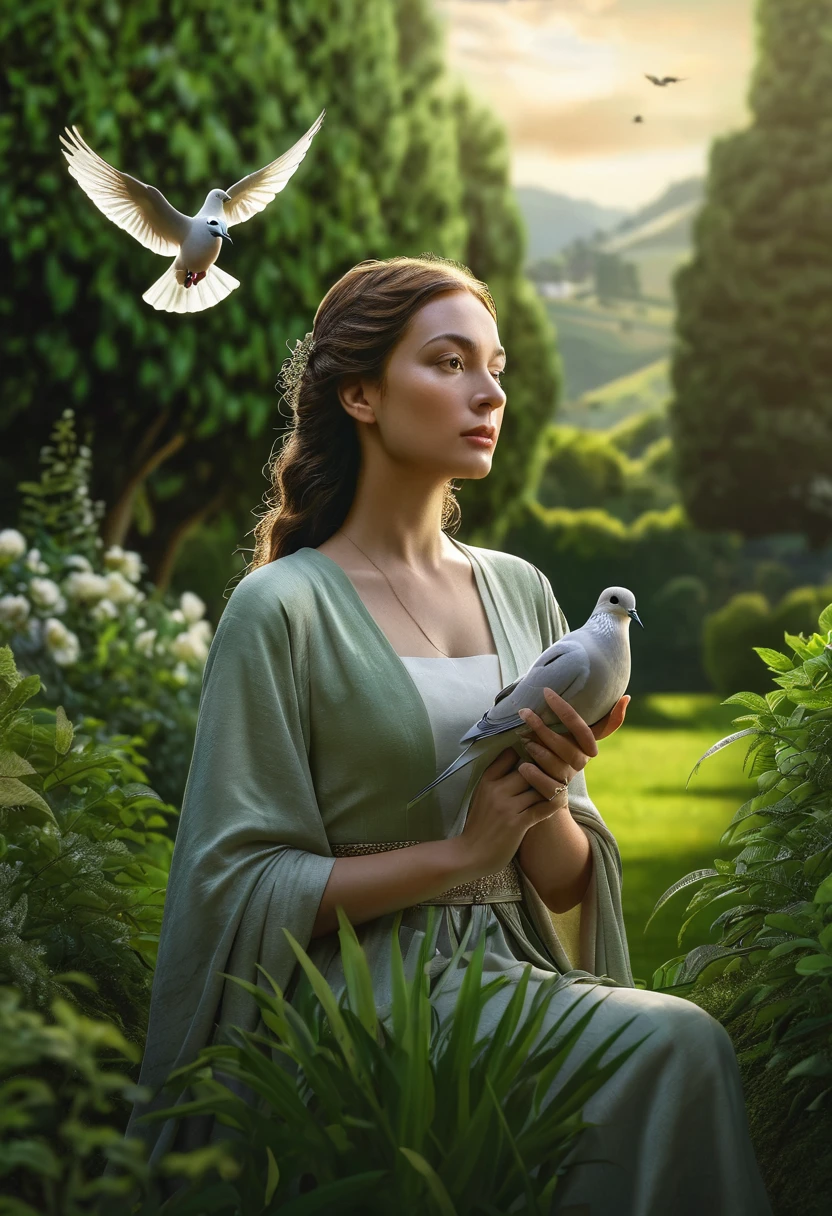 a woman holding a sword in her hand, a dove sitting on her hand, lush green landscape, highly symmetrical, (best quality,4k,8k,highres,masterpiece:1.2),ultra-detailed,(realistic,photorealistic,photo-realistic:1.37),detailed face and eyes, elegant pose, peaceful expression, dramatic lighting, serene atmosphere, natural setting, cinematic composition