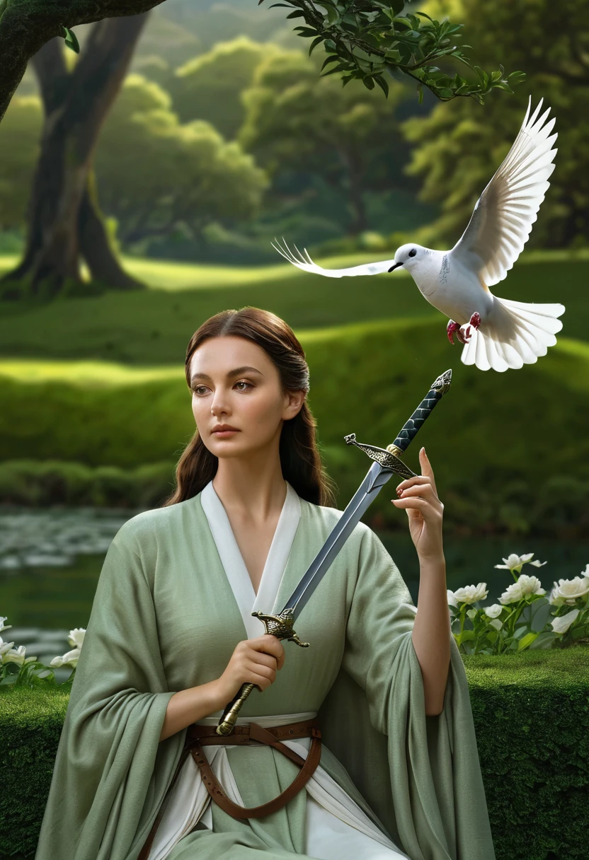 a woman holding a sword in her hand, a dove sitting on her hand, lush green landscape, highly symmetrical, (best quality,4k,8k,highres,masterpiece:1.2),ultra-detailed,(realistic,photorealistic,photo-realistic:1.37),detailed face and eyes, elegant pose, peaceful expression, dramatic lighting, serene atmosphere, natural setting, cinematic composition
