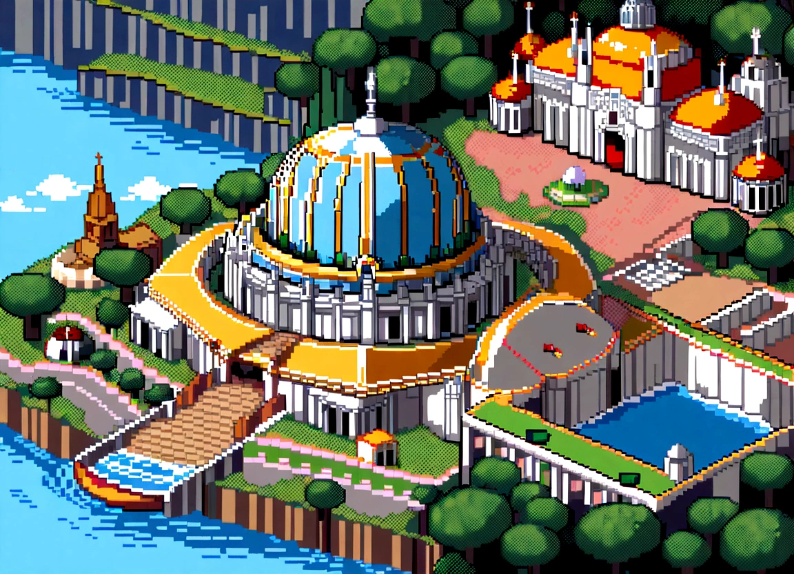 "Pixel art of the tourist attractions of Belém do Pará, Brasil: Docks Station with red and yellow architecture, Basilica of Nazareth in white and brown with blue dome, Green Mangal das Garças with walkways and pixelated visitors, Ver-o-Peso com barracas coloridas e frutas tropicais em toldos listrados, Antônio Lemos Palace in shades of yellow and white, Cotijuba Island with blue waters and coconut trees, Guamá River with pixelated boats, sky with pixelated clouds, iluminado por luz solar em pixel art."