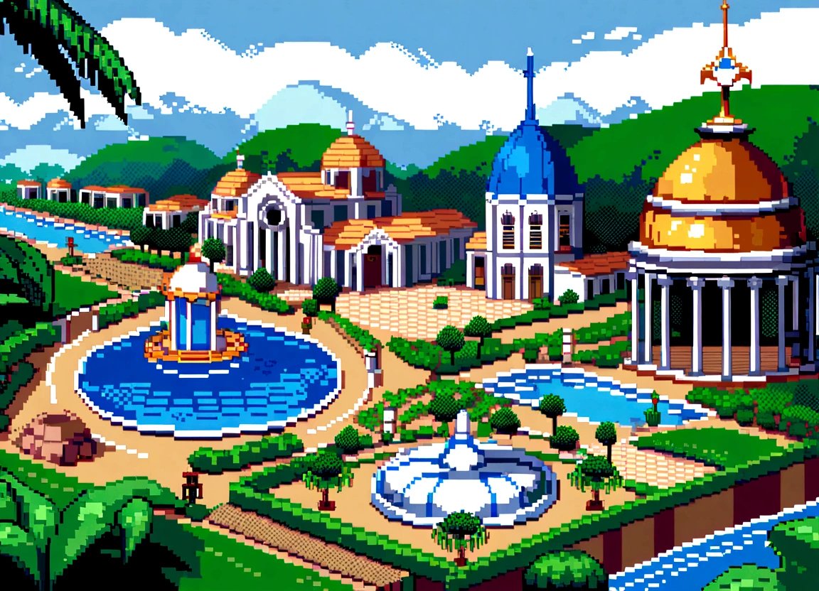 "Pixel art of the tourist attractions of Belém do Pará, Brasil: Docks Station with red and yellow architecture, Basilica of Nazareth in white and brown with blue dome, Green Mangal das Garças with walkways and pixelated visitors, Ver-o-Peso com barracas coloridas e frutas tropicais em toldos listrados, Antônio Lemos Palace in shades of yellow and white, Cotijuba Island with blue waters and coconut trees, Guamá River with pixelated boats, sky with pixelated clouds, iluminado por luz solar em pixel art."