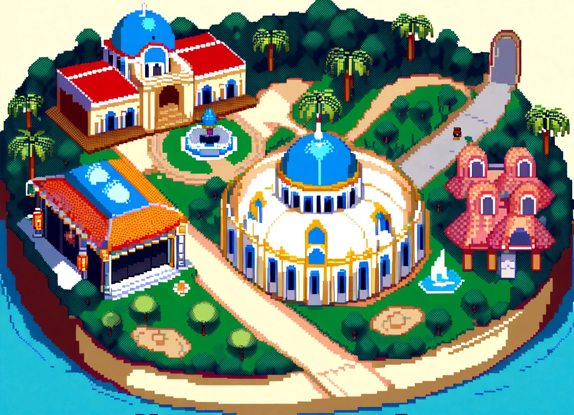 "Pixel art of the tourist attractions of Belém do Pará, Brasil: Docks Station with red and yellow architecture, Basilica of Nazareth in white and brown with blue dome, Green Mangal das Garças with walkways and pixelated visitors, Ver-o-Peso com barracas coloridas e frutas tropicais em toldos listrados, Antônio Lemos Palace in shades of yellow and white, Cotijuba Island with blue waters and coconut trees, Guamá River with pixelated boats, sky with pixelated clouds, iluminado por luz solar em pixel art."






