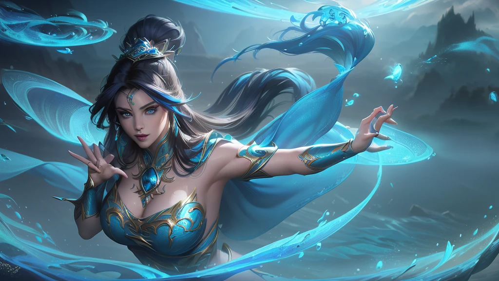 1 woman, beautiful young woman, sexy body, exquisite detailed makeup, mage, water mage, white long hair, piercing blue eyes, (best quality,4k,8k,highres,masterpiece:1.3),(realistic,photorealistic,photo-realistic:1.37),(liga dos lendarios:1.5),ultra-detailed,vivid colors,studio lighting,professional,extremely detailed description
