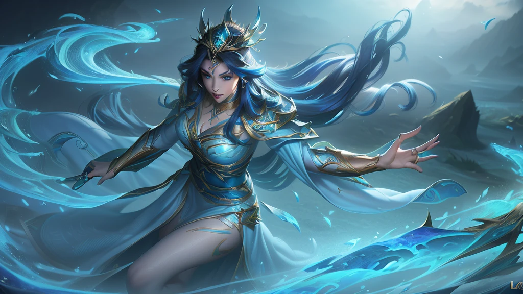 1 woman, beautiful young woman, sexy body, exquisite detailed makeup, mage, water mage, white long hair, piercing blue eyes, (best quality,4k,8k,highres,masterpiece:1.3),(realistic,photorealistic,photo-realistic:1.37),(liga dos lendarios:1.5),ultra-detailed,vivid colors,studio lighting,professional,extremely detailed description