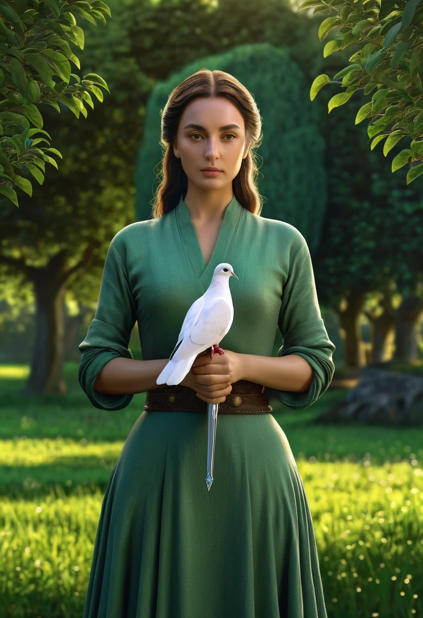 a woman holding a sword in her hand, a dove sitting on her hand, lush green landscape, highly symmetrical, (best quality,4k,8k,highres,masterpiece:1.2),ultra-detailed,(realistic,photorealistic,photo-realistic:1.37),detailed face and eyes, elegant pose, peaceful expression, dramatic lighting, serene atmosphere, natural setting, cinematic composition