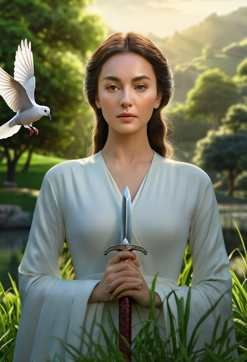 a woman holding a sword in her hand, a dove sitting on her hand, lush green landscape, highly symmetrical, (best quality,4k,8k,highres,masterpiece:1.2),ultra-detailed,(realistic,photorealistic,photo-realistic:1.37),detailed face and eyes, elegant pose, peaceful expression, dramatic lighting, serene atmosphere, natural setting, cinematic composition