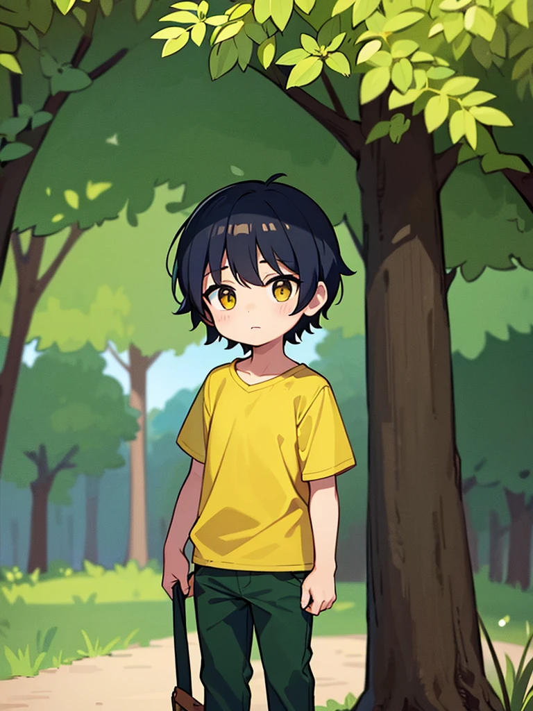 A little boy in a yellow shirt and green pants, tomando una foto al espectador, en un bosque