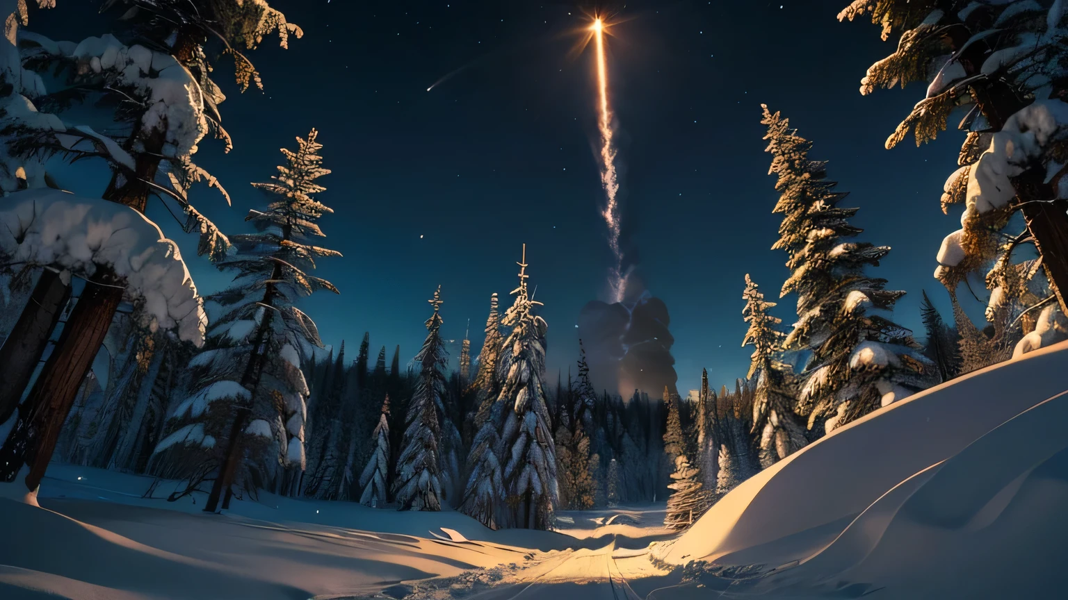 Dramatic lighting, chiaroscuro, missiles being launched over a spruce forest under deep snow