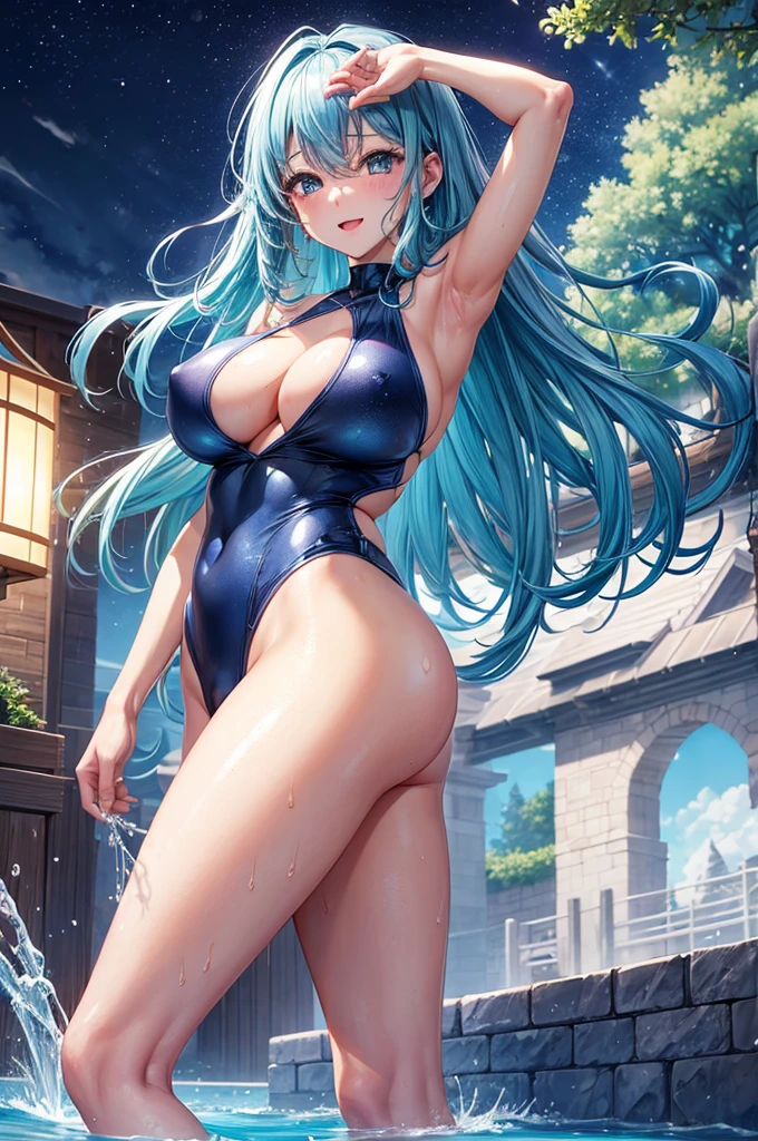 彼女はPeeをしている、8k、、Highest quality、Tabletop、Ultra HD、Ultra-detailed、so beautiful、Ultra-detailed髪質、so beautiful、Portrait、Esbian all over、Captivating look、Beautiful woman、Long Blue Hair、blue eyes、Glowing Skin、bursting breasts、Very large breasts、Very big ass、Water droplets running down the skin、The background is a great night pool、Excessive pubic hair growth、Shiny racing swimsuit、Pee、Peeing、Squirting from the private parts、Posing to excite men