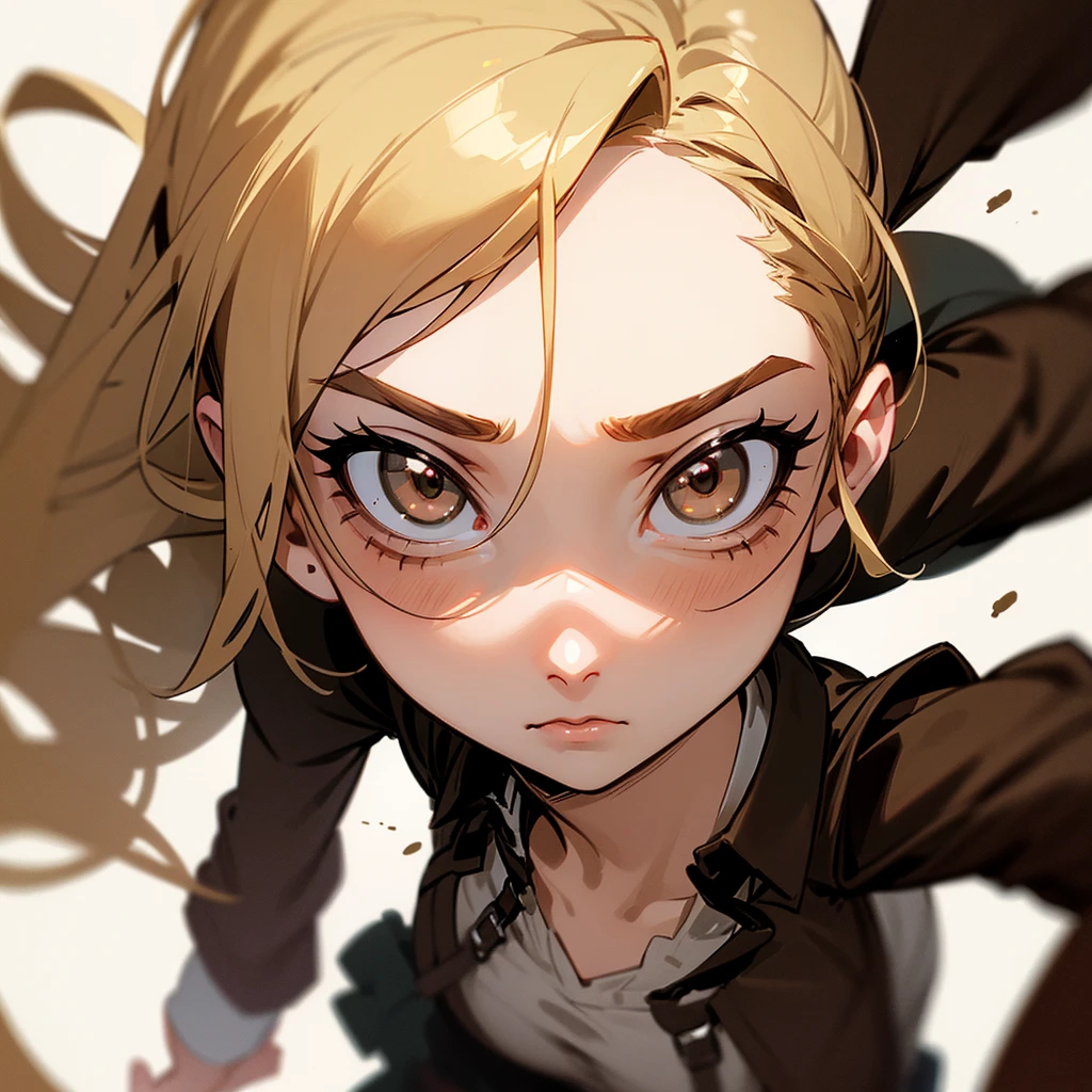 Chico que mide 1,56. Tiene lentes redondos, Brown eyes and blond hair whores, su color natural es negro, more feminine facial features and in attack on titan version