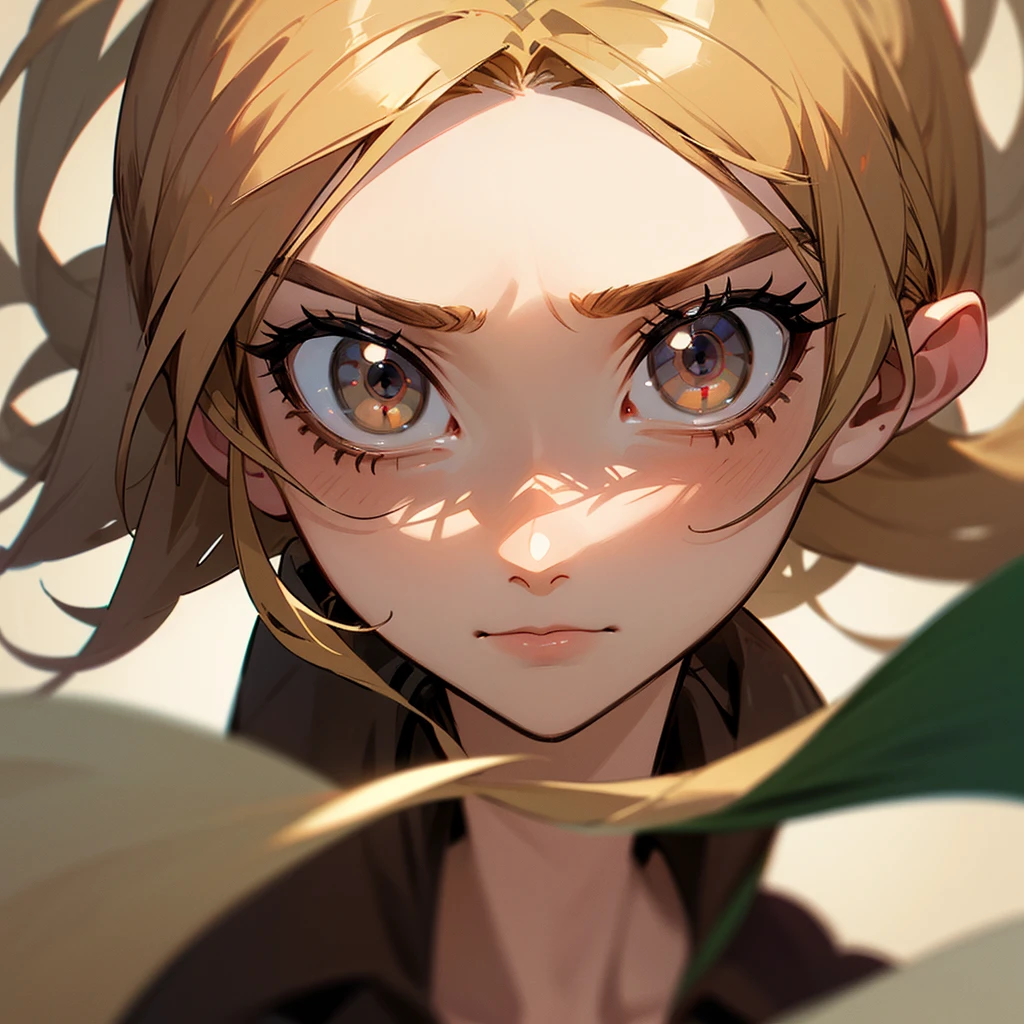 Chico que mide 1,56. Tiene lentes redondos, Brown eyes and blond hair whores, su color natural es negro, more feminine facial features and in attack on titan version