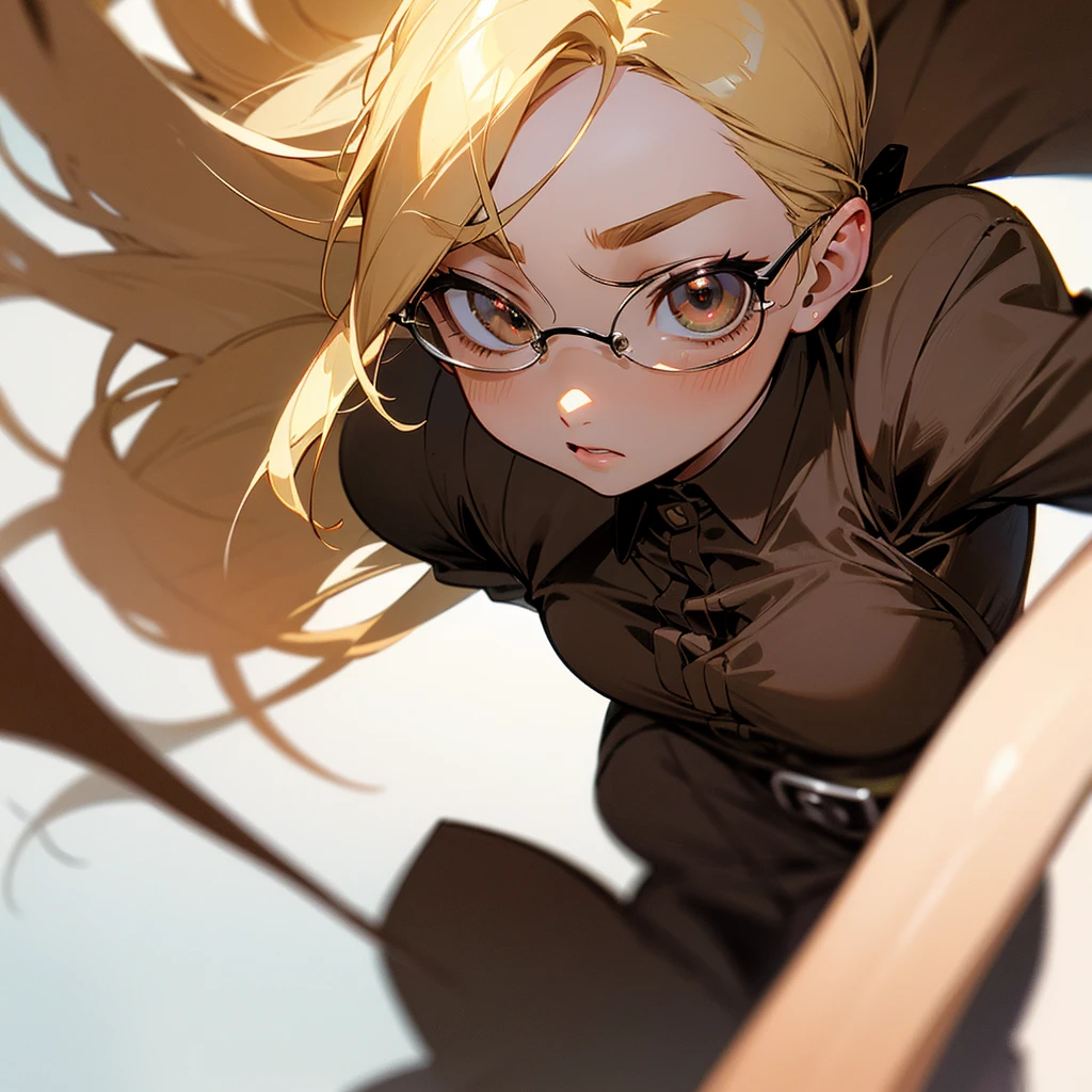 Chico que mide 1,56. Tiene lentes redondos, Brown eyes and blond hair whores, su color natural es negro, more feminine facial features and in attack on titan version
