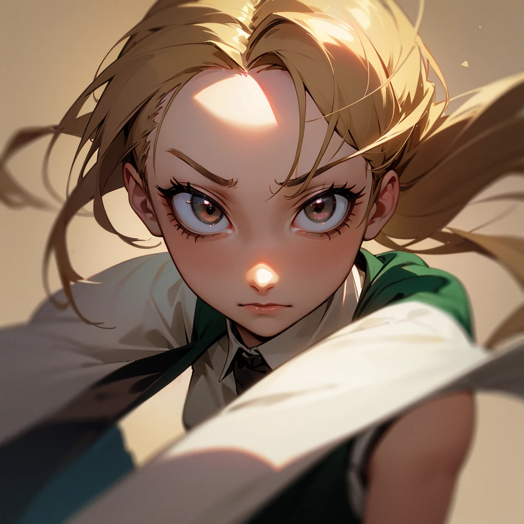 Chico que mide 1,56. Tiene lentes redondos, Brown eyes and blond hair whores, su color natural es negro, more feminine facial features and in attack on titan version