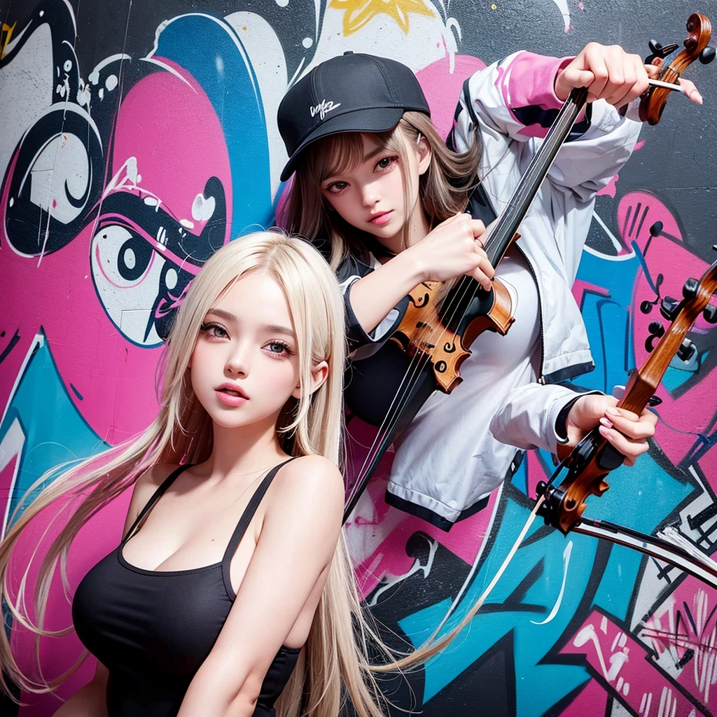 A beautiful girl playing the violin inside a building with graffiti-covered walls. On the wall behind her, there's a large, vibrant graffiti that says 'Feel it,' adding an urban and cool vibe to the scene.