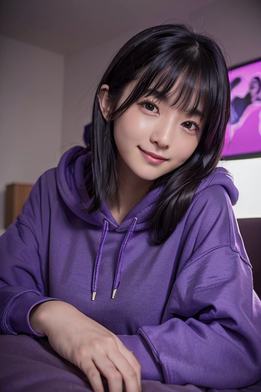 ((masterpiece, Highest quality)), (One Woman), (alone), (Focus on women), (Black Hair), (Medium Hair), (Purple hoodie), (mature), (23 years old), (Stare here), Smiling faintly, Lying in bed
