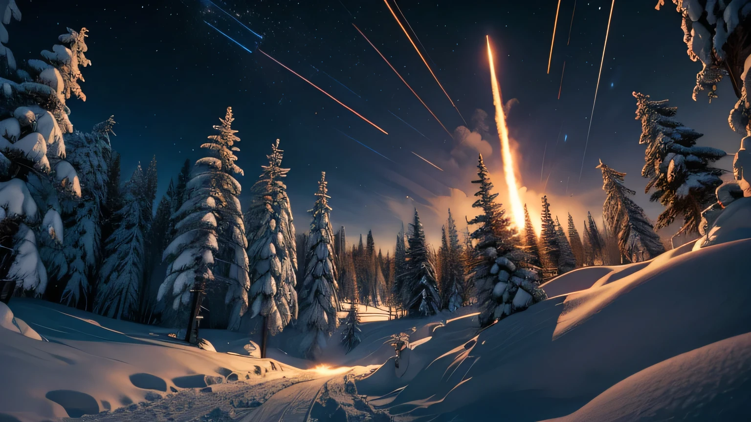 Dramatic lighting, chiaroscuro, missiles being launched over a spruce forest under deep snow
