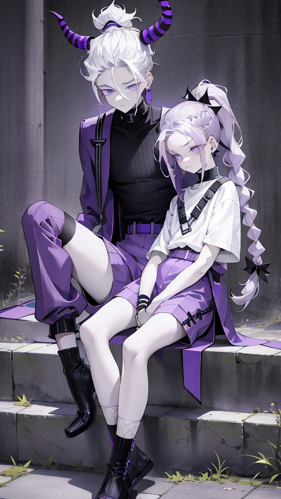boy thoughtful look open forehead. white and purple hair braided in a ponytail on the left side to one side. sinuous black horns wrapped in dark purple ribbon. pale violet eyes. in short dark purple shorts. long white T-shirt. dark purple knee-high socks. white long coat with hood. black limit stone walls purple light from lamps sitting on the steps