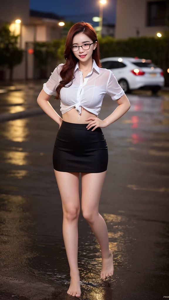 Beautiful Thai style girl, photoshoot, backlighting, dark tones, professional lighting. Wearing a wet white shirt and black short skirt, revealing the chest, high-definition picture, Realistic image, Highest quality light red hair, brown eyes, Highest image quality, Highly detailed and professional lighting, smiles Serious facial expression, sharp focus, masterpiece, full body shot, big breasts, gather your breasts together, car park background, 18 years old, sexy, wearing eye glasses, in the night, wet hair, wet body, wet shirt, heavy rainy weather
