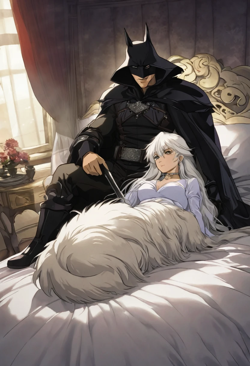 Un humano con rasgos de zorro blanco, en la cama acostado con su pareja un humano con rasgos de lobo de pelo negro anime