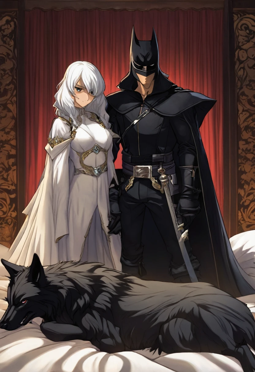 Un humano con rasgos de zorro blanco, en la cama acostado con su pareja un humano con rasgos de lobo de pelo negro anime