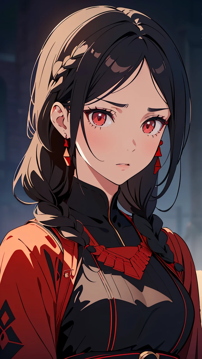 Anime,Girl1,triangle face,red eyes,black hair,braided ponytail hairstyle,Black eyeshadow,upper body,(Black Arabic abaya dress,waist belt),(Highly detailed CG,module,8K wallpapers)،(Highest quality, high resolution, beautiful lighting, realistic shadow, high resolution)،(Detailed skin, highly detailed, detailed faces and eyes, realistic eyes)