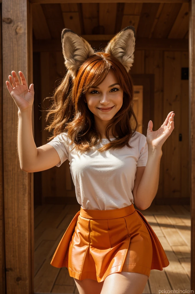 best quality, furry, anthro, animal nose, maidmarian, smile, orange eyes, fox, waving, holding skirt to side, showing off, showing leg, ((((holding skirt)))), detailed hand,