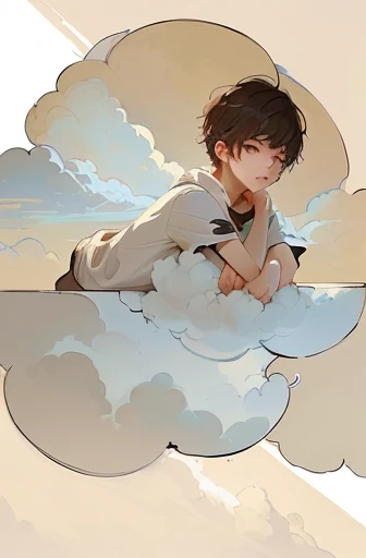 there is a drawing of a boy laying on a cloud, in a cloud, sitting in a fluffy cloud, concept art of single boy, floating in a misty daze, loish and wlop, on a cloudy day, colored sketch, inspired by loish, loish |, some clouds, on clouds, covered in clouds, loish art style, high quality fanart