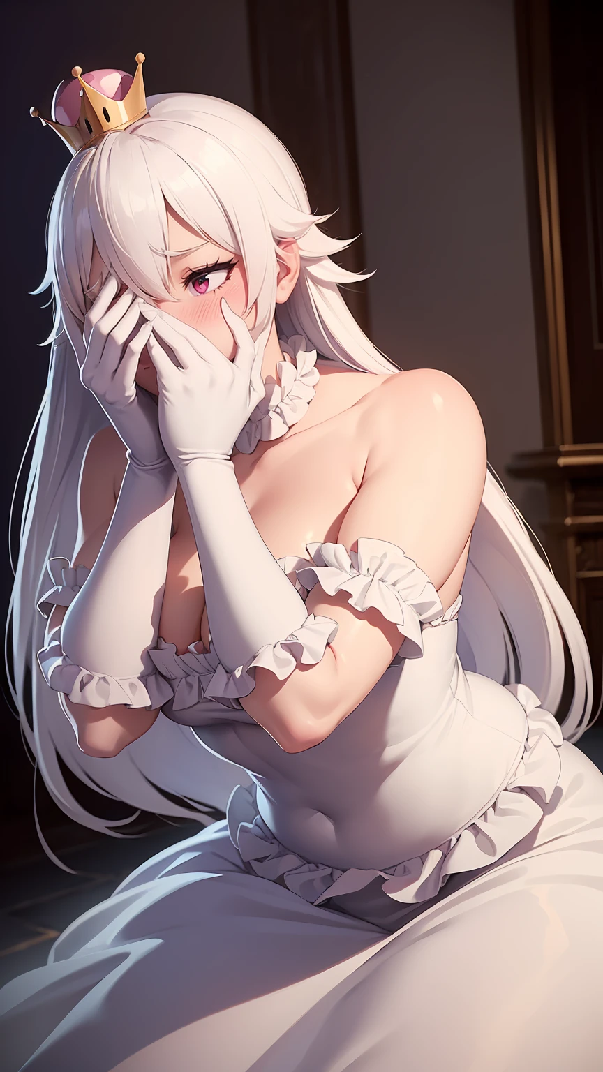 ((masterpiece)), ((best quality)), (detailed), perfect, solo, boosette, gorgeous girl, luscious lips, white hair, (((very shy))), (((blushing))), (((hands on face))), in a haunted mansion, (((covering eyes))), (((off shoulders)))