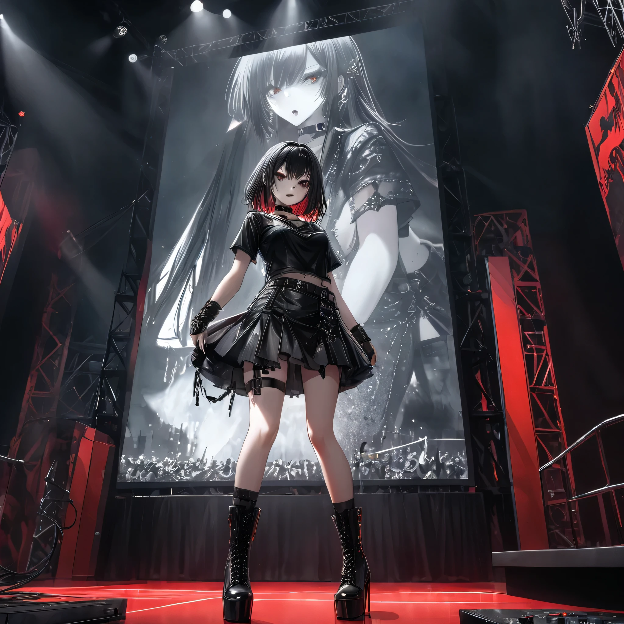 Mavis Dracula, furious, enthusiastic, performing, very sexy, black latex t-shirt, black plated mini skirt, black lace-up boots and stiletto heels, black choker and wristbands, gothic punk style, playing a customized red guitar, in a stage with large screen in the background showing the show, heavy metal trend, cinematic, dramatic, dynamic view, full body, CG anime style, HD12K,